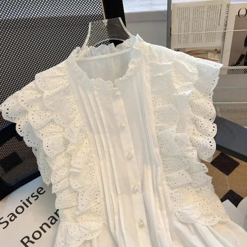 Women's Flying Sleeve Blouse White Shirts Vintage Sleeveless Ruffled Lace Tops Elegant Casual Sweet Clothes Summer Vest 2025