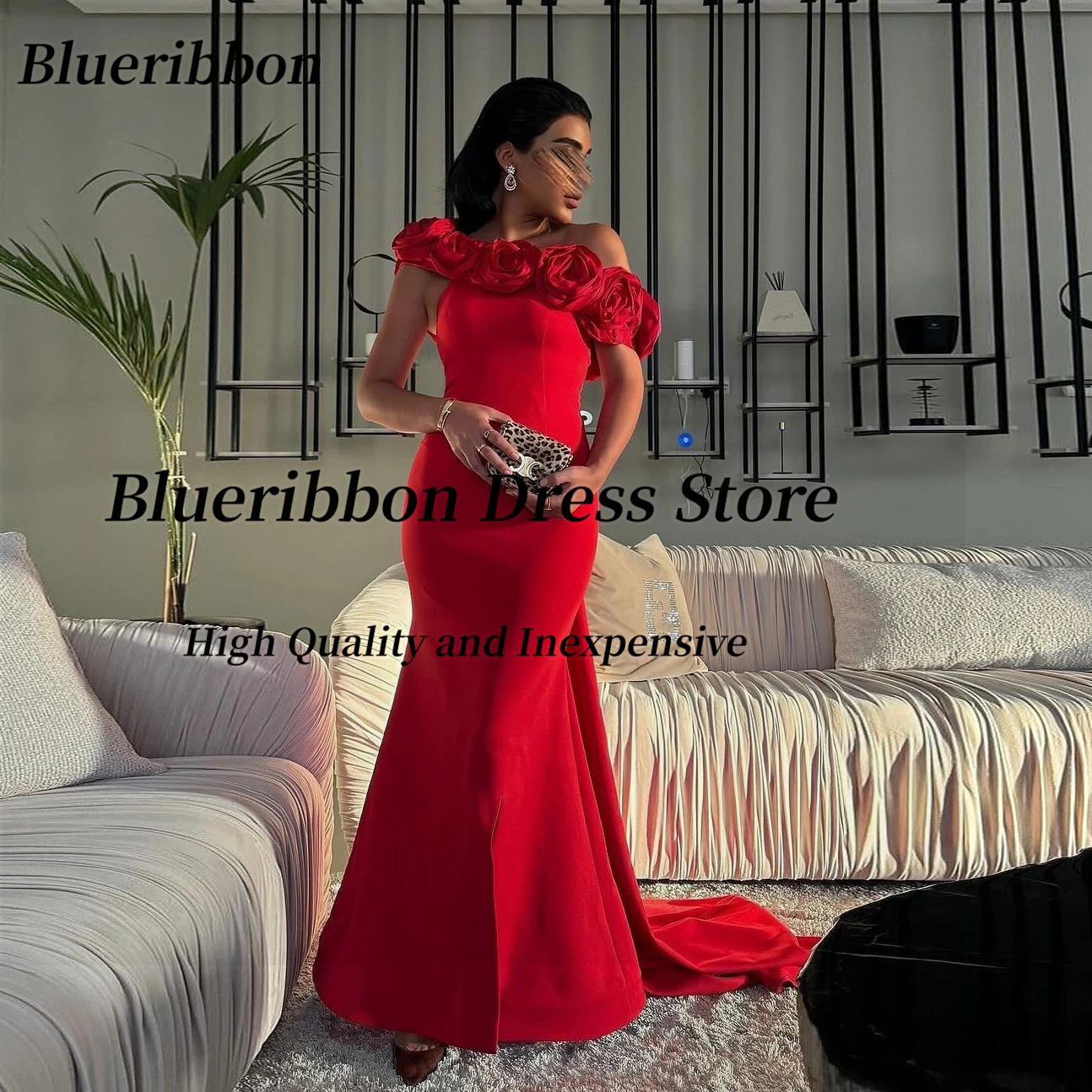 

Blueribbon Handmade Flowers Off Shoulder Red Evening Dresses Mermaid Side Slit Prom Dress Sexy Back Long Train Formal Party Gown