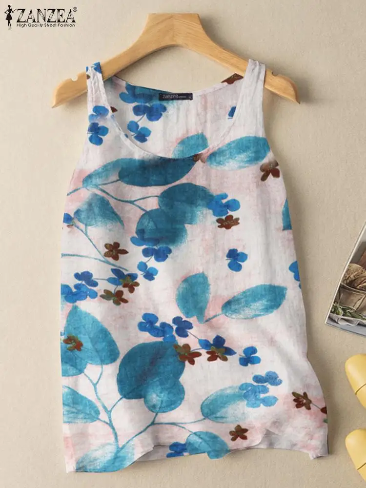 ZANZEA Summer Vintage Floral Printed Blouse Women Sleeveless Tanks Tops Bohemian Beach Holiday Shirt Casual Loose Blusas Chemise