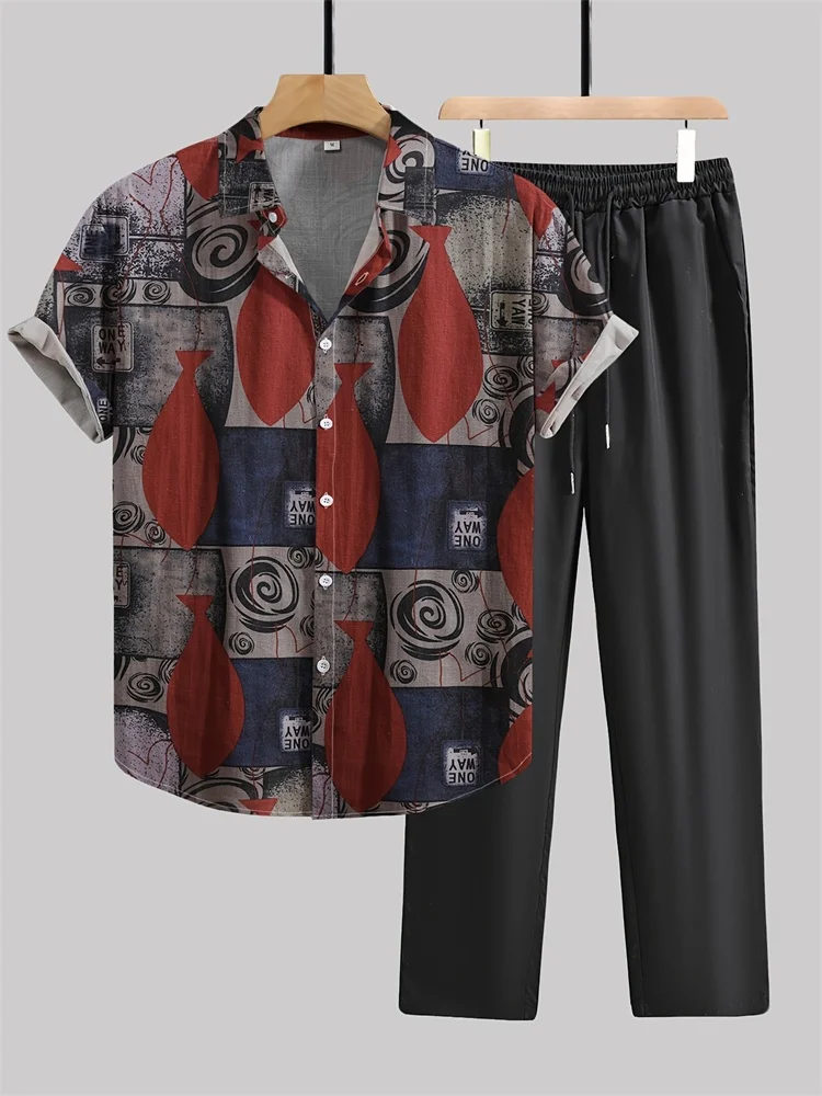 

2025 Autumn Retro Art 3D Printed Men's Casual Shirt Set, Street Fashion Trend Men's Short-sleeved Shirt And Long Pants S-2XL