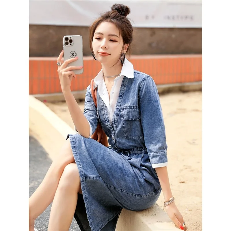 Women High-end Temperament Stitching Denim Dress Fake Two-piece 2023 Summer Female New Fashion age-reducing Medium Long Dress