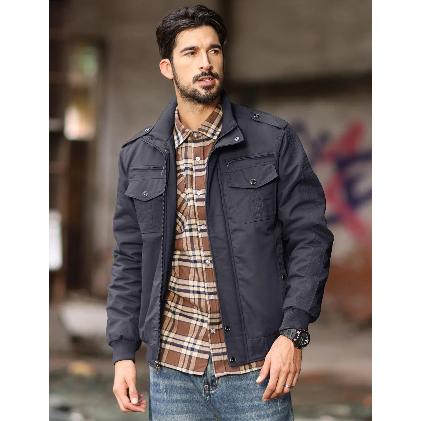 Chaquetas de forro polar para hombre, cortavientos, abrigos de otoño e invierno, chaqueta térmica con múltiples bolsillos, chaqueta de moto con cuello alto.