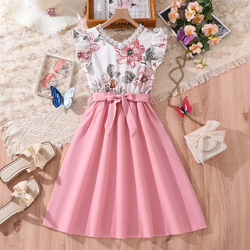 2024 Summer New Arrival Girls Sleeveless Ruffles Lace Print Floral Pink Roupa Infantil Menina Cute Party Dress Custume 8-12T