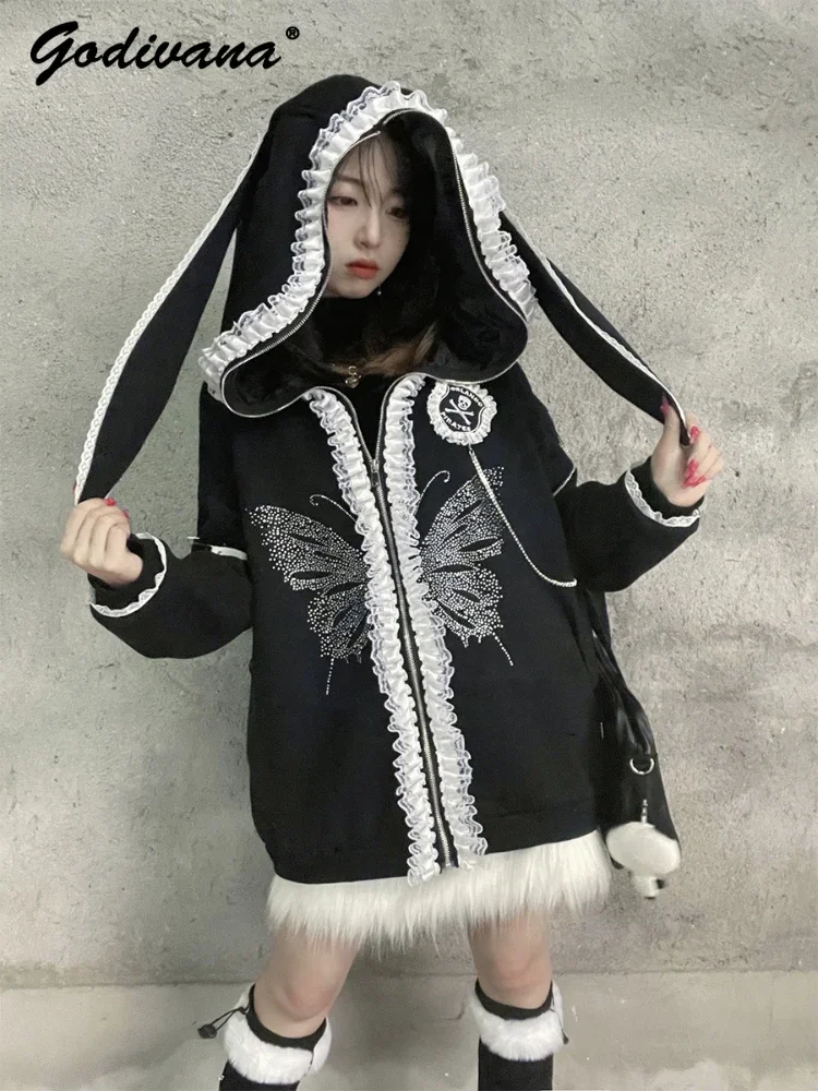 

Original Dark Punk Loose Zipper Hoodie Jacket Y2k Autumn and Winter Hooded Rabbit Ear Harajuku Lace Spliced Hot Drilled Coat