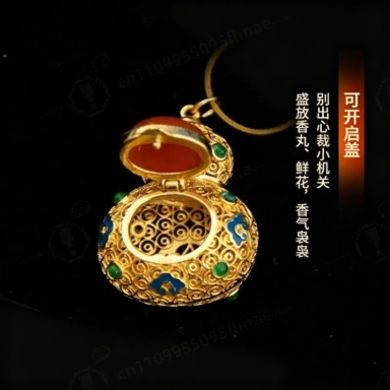 Gold Plated Silver Cloisonne Enamel Ruyi Hollow Carved Sachet Pendant Traditional Chinese Jewelry Gift for Her Business Gift
