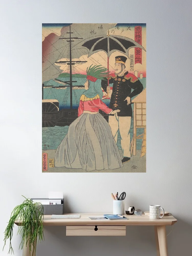 Returning Sails at the Wharves [American couple] Utagawa Yoshitor, Art Print Canvas Poster, Living Room Decor, Home Wall Picture