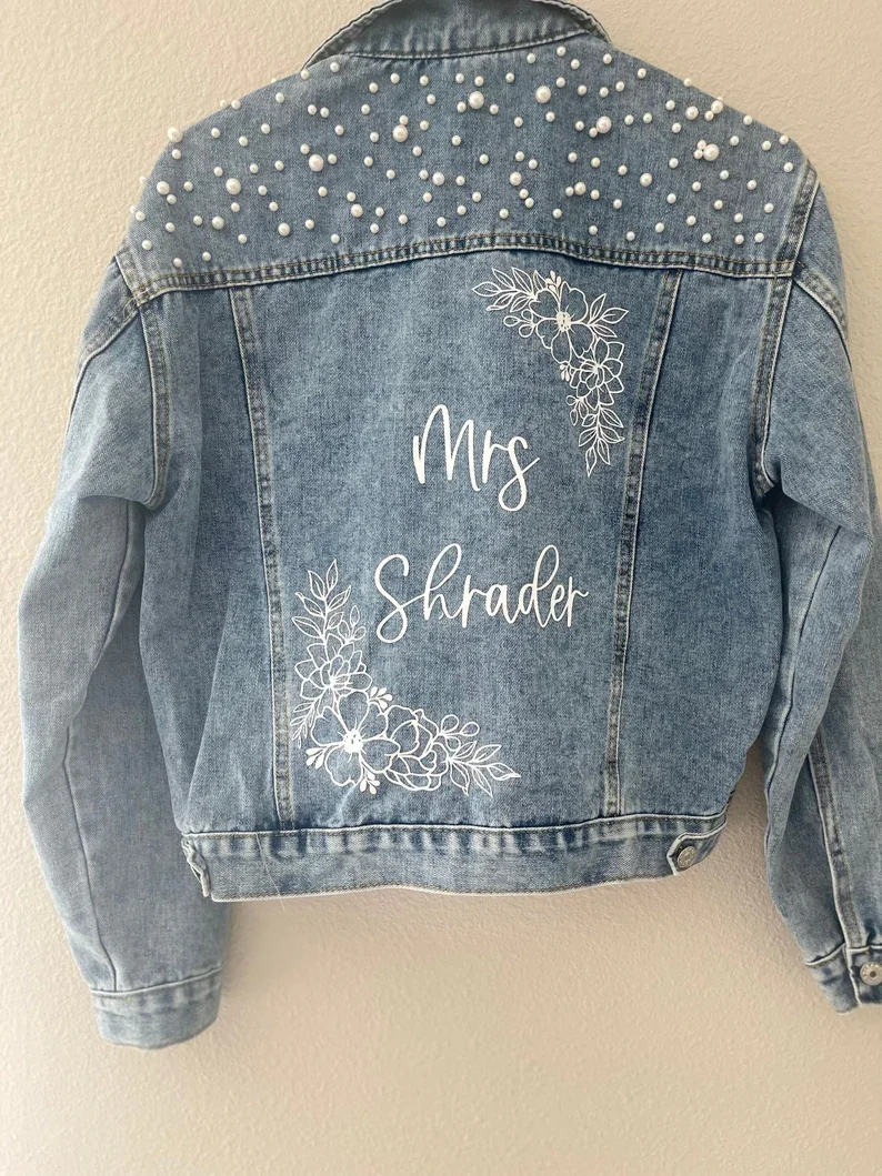 Veste en jean personnalisée avec perles, veste en jean personnalisée, veste de mariage florale, veste de mariée personnalisée, veste juste manquante, Mme