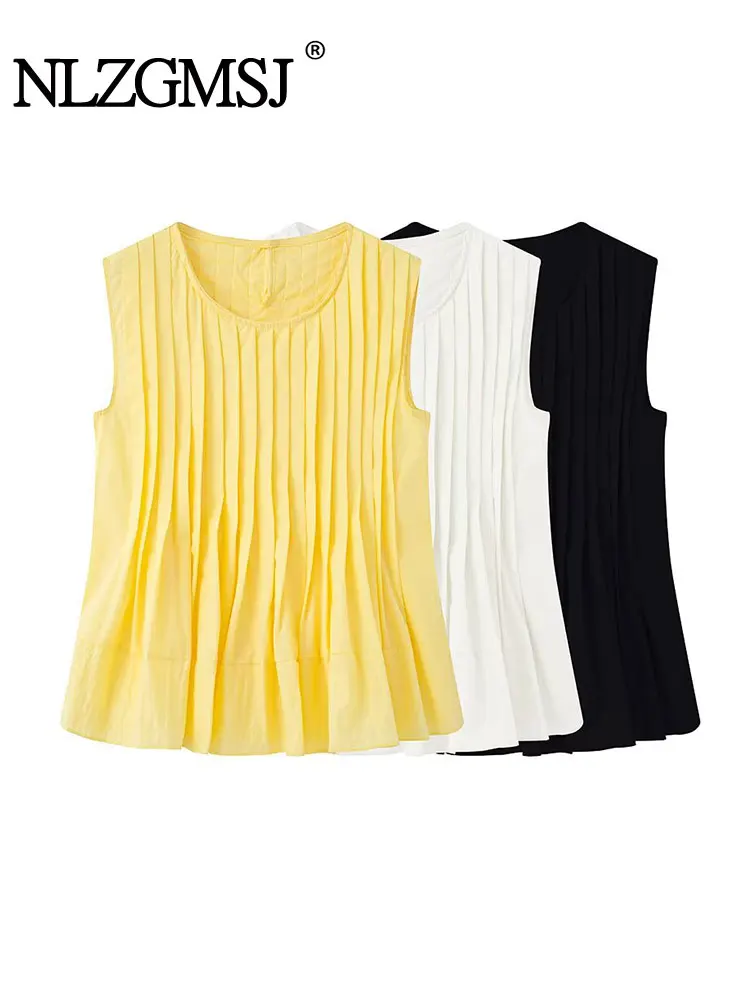 

2025 Summer Casual Chic Women Top Solid O-Neck Sleeveless Pleated Decorative Top New Fashion Top