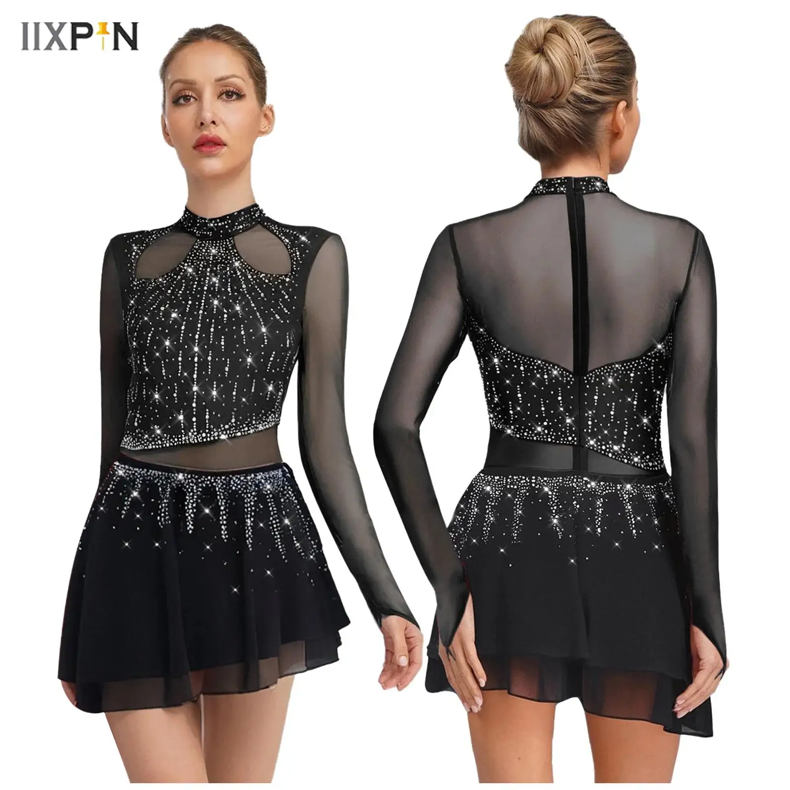 

Women Lyrical Dance Leotard Dress Long Sleeve Chiffon Skirt Tutu Dress for Figure Skating Gymnastics Ballet Performance Costume