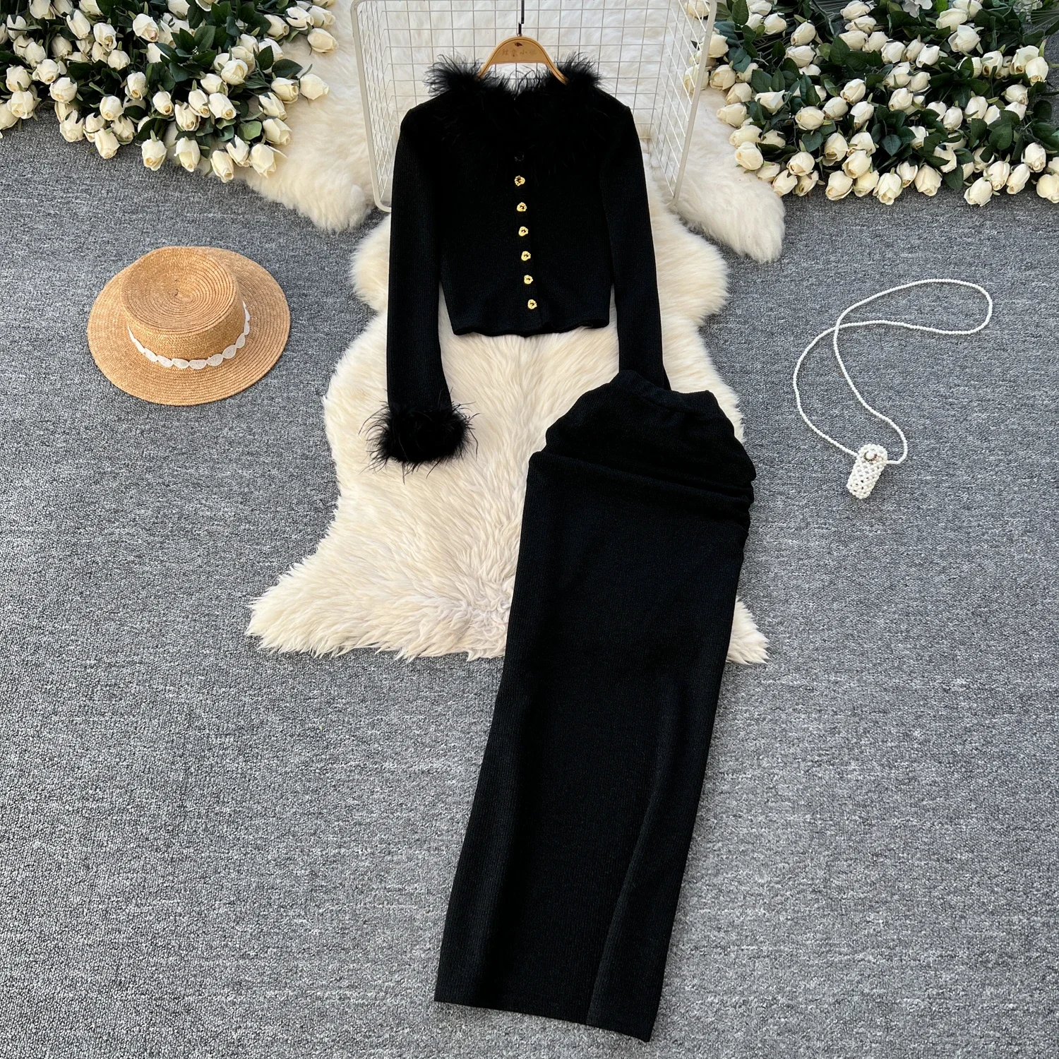 Chic Women Two-Piece Sets Vintage Faux Collar Single Breasted Top and High Waist Skirt Korean High Street Autumn Winter Clothing