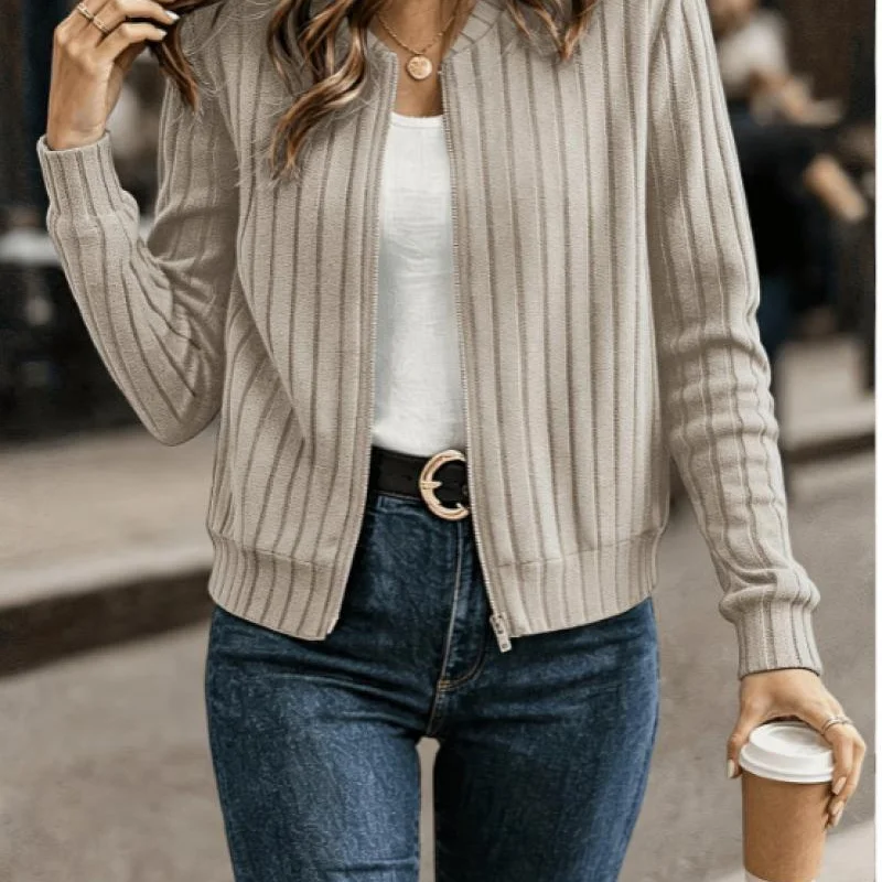 2026 European and American Cross-border AliExpress Fall/Winter Solid Color Rib Zipper Long Sleeve Jacket