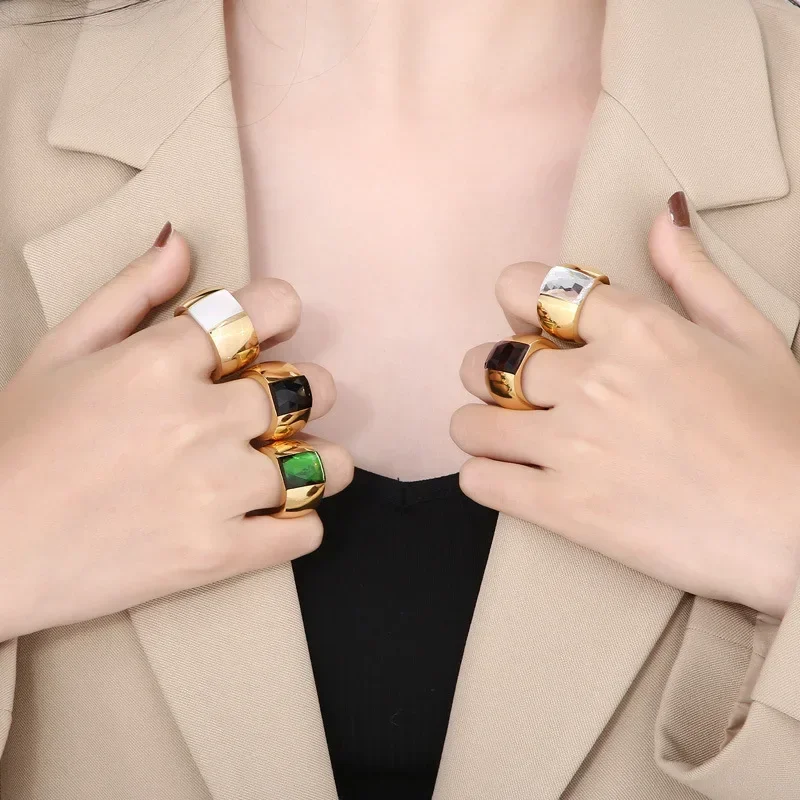 Women Fashion Stainless Steel Ring Quality Austrian Crystal Blue Green Red Stone Ring Female Titanium Gold Color Wedding Ring