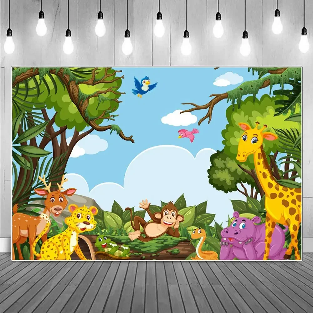 MOON.QG Safari Party Backdrop Photography Baby 1st Birthday Year Photocall Backgrounds Custom Forest Animals Party Photo Props