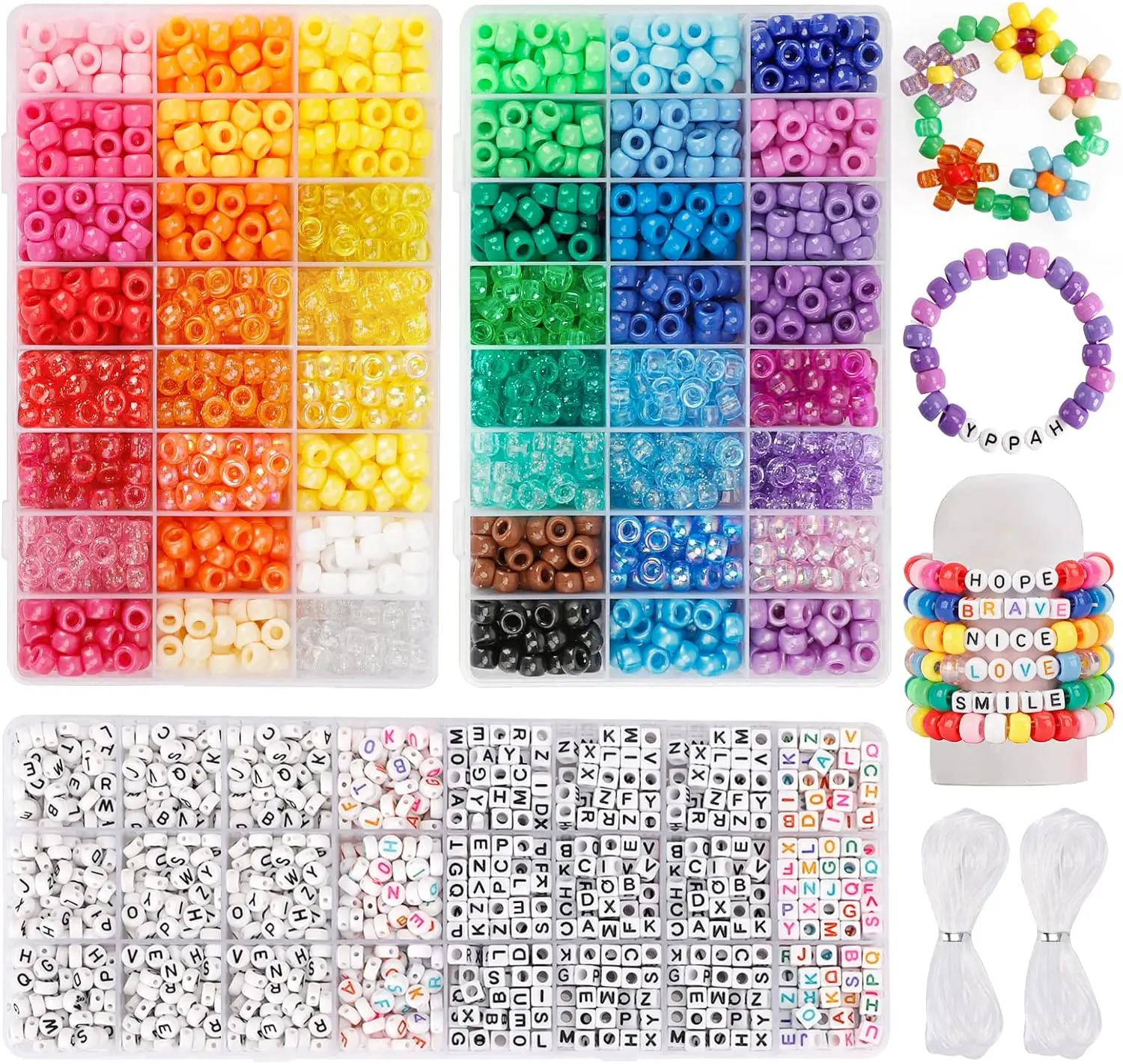 Pony Beads for Friendship Bracelet Making Kit 24 Colors Kandi Beads Set, 720pcs Plastic Rainbow Bulk and 980pcs Letter Beads wit