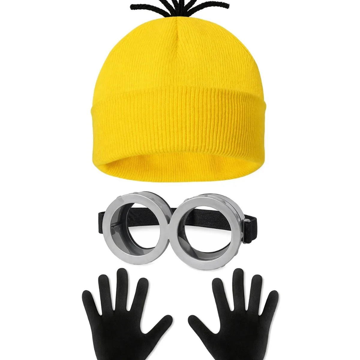 Minion Yellow Knit Cosplay Set with Hat Goggles Gloves Halloween Christmas Holiday Masquerade Party Role Play Costume Prop