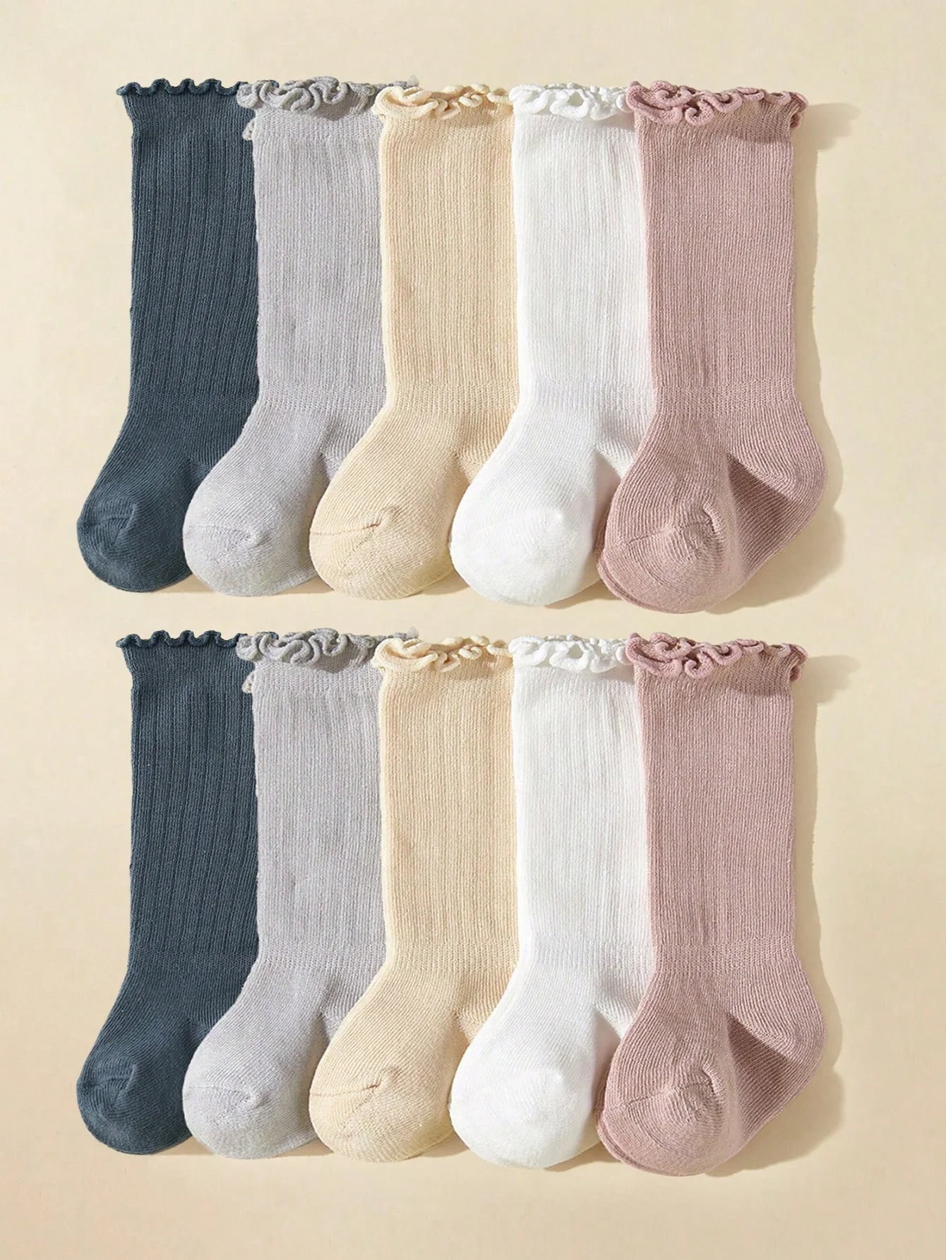 5 Pairs of Baby Boys Girls Spring Autumn Cotton Solid Color Ruffled Edge Knee High Socks Unisex Non Binding Long Socks 0-3 Years