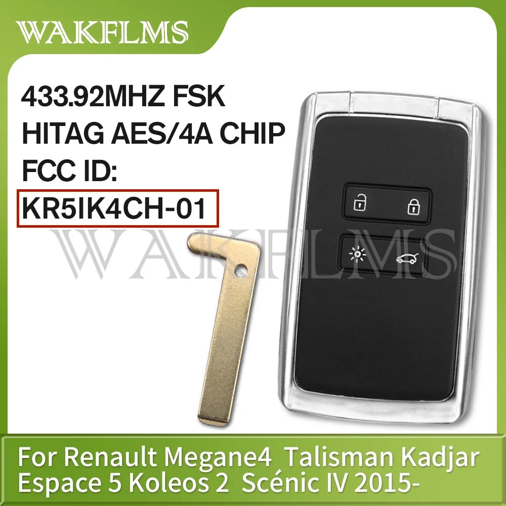 For Renault Megane4 Talisman Kadjar Espace5 Keyless Go / Entry 433MHz Hitag AES 4A Smart Car Key Card Fob KR5IK4CH-01