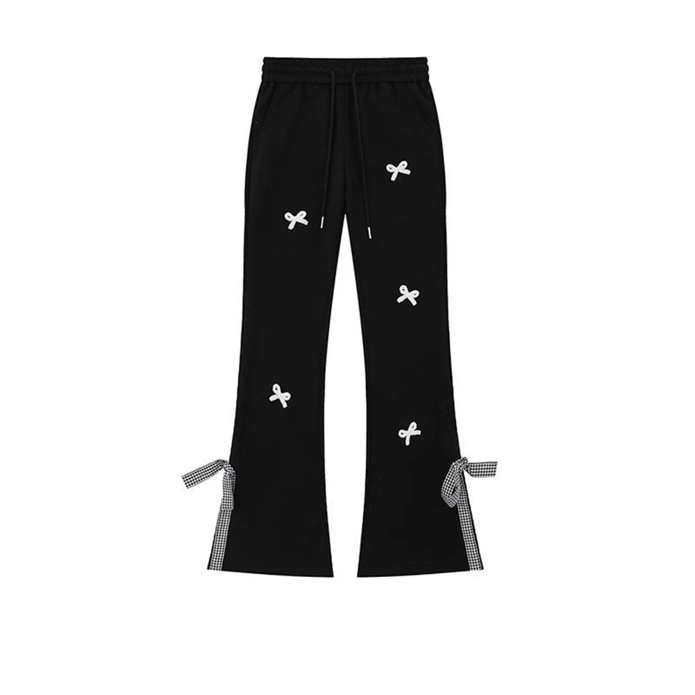 Bowknot Pants Black Casual Sweatpants Daily Commuting Wear Hot Girl Style Long Pants Solid Color Casual Outing