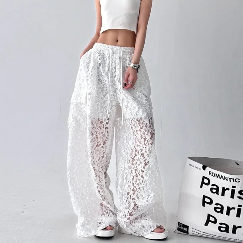 Spring Summer Wide-Leg Pants Women 2026 New Fashion Loose Casual Large Size Hollow Out Pure Colour Pant Female