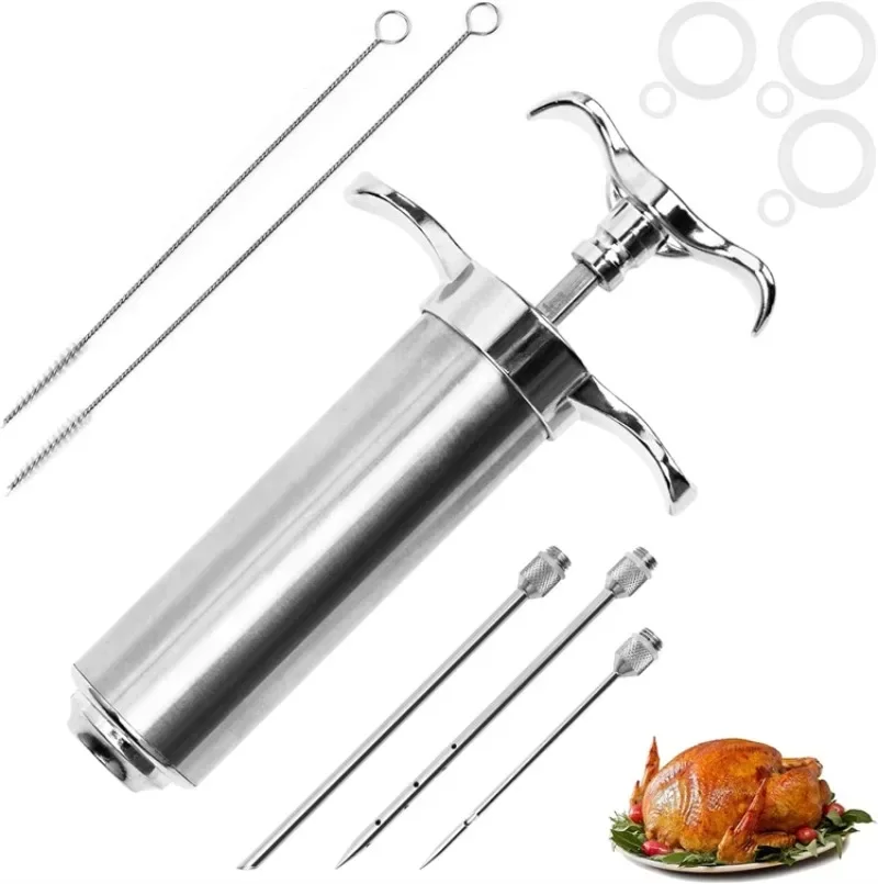 2 Oz Meat Injector Syringe Kit with 3 Marinade Needles Stainless Steel Meat Injector For BBQ Grill Smoker Beef JT334