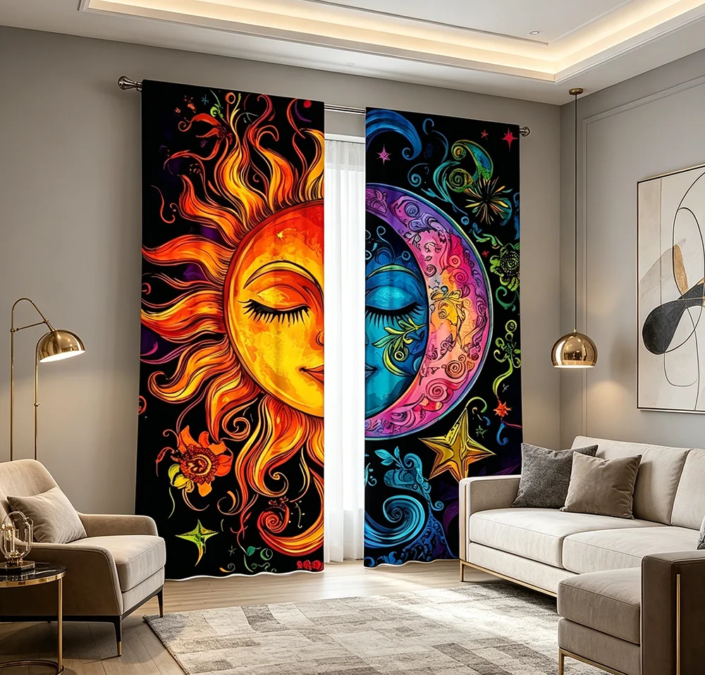 2PCS Digital Printed Curtains, Colorful Sun Moon Pattern, Celestial Boho Style for Living Room Bedroom Apartment Home Decor