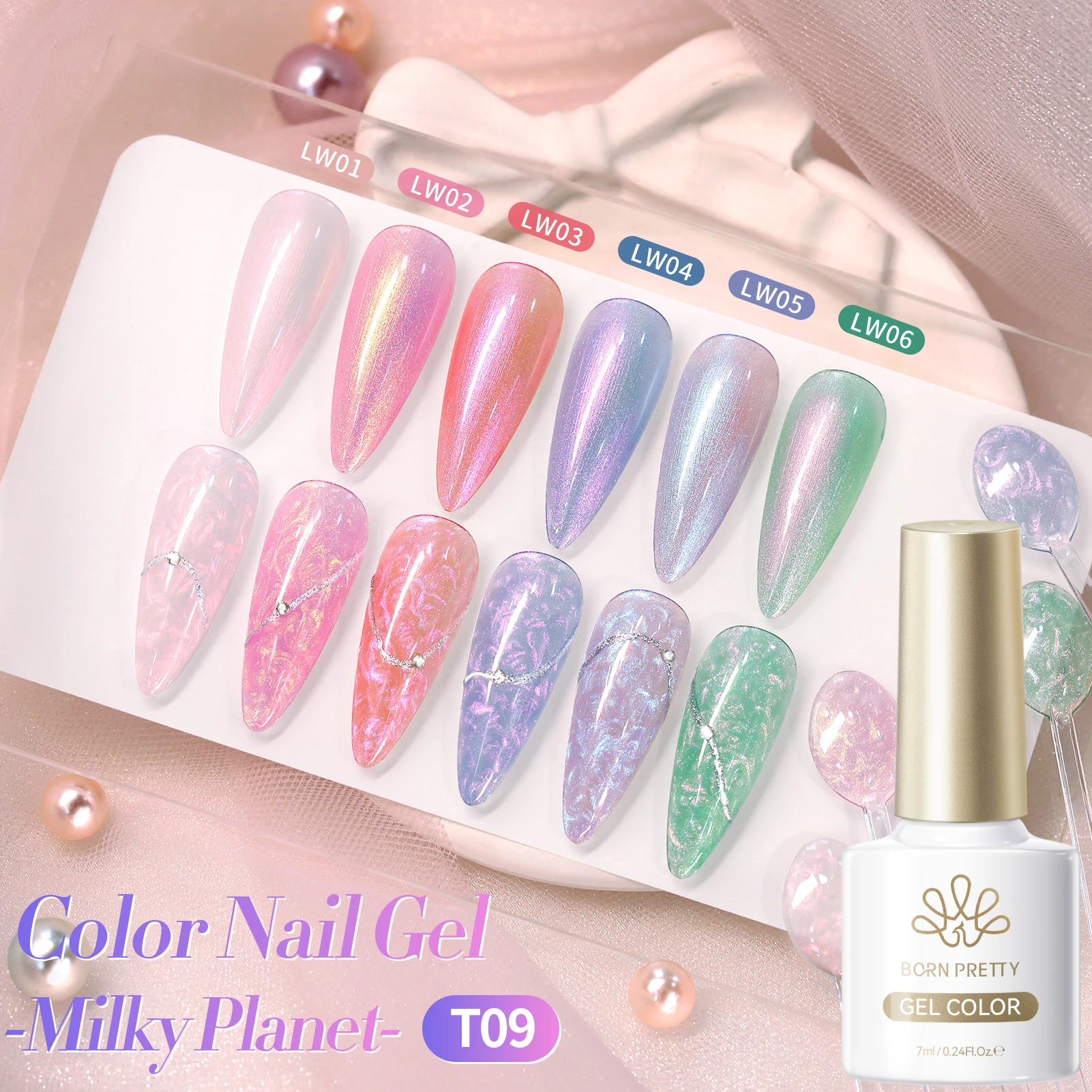 

BORN PRETTY 6 шт. HEMA/TPO FREE Набор жемчужных гель-лаков для ногтей 7 мл Milky Planet Glitter Swirl Thread Effect Розовый Белый Soak Off UV LE