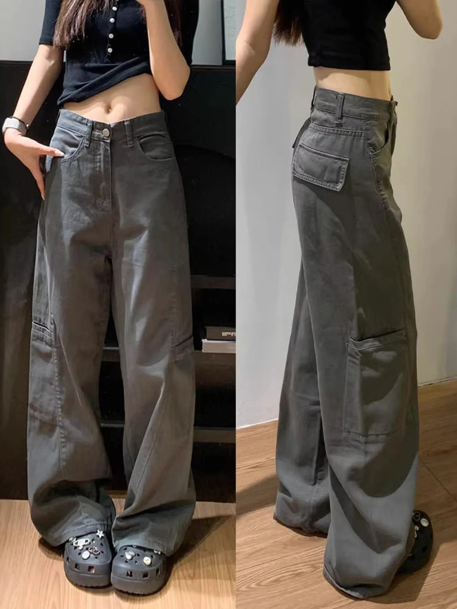 Women's High Waist Cargo Wide Leg Jeans Dark Green Wash Denim Pants Patch Pockets Utility Casual