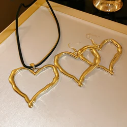 Big Gold Color Heart Pendant Necklace Earrings Jewelry Set Black Long Velvet Rope Chain Necklace Metal Drop Earrings Women K-
