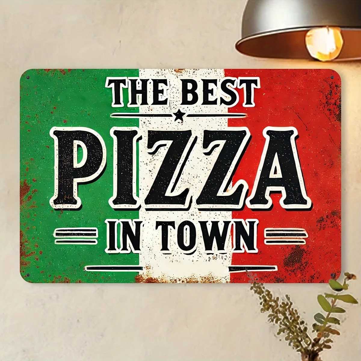 Letrero de hierro "La mejor pizza en la ciudad" - Placa decorativa para colgar en la pared para bar, restaurante, calle, exterior - Inglés multiusos