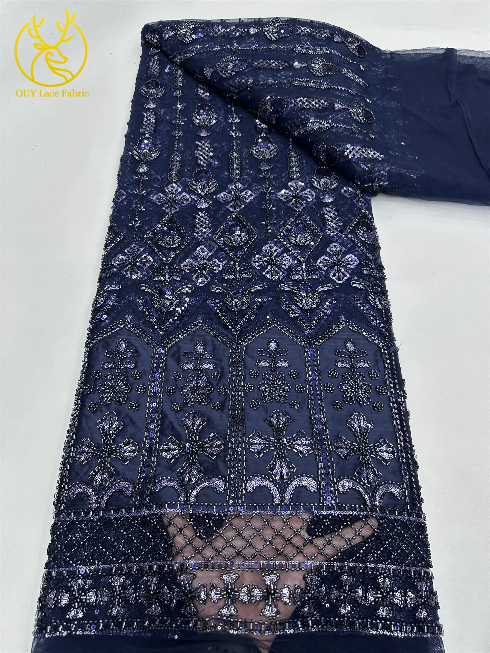 Luxuriöser französischer Pailletten-Spitzenstoff 2026 – Hochwertiger afrikanischer Perlen-Spitzenstoff, nigerianischer bestickter Stoff für Partykleider, 5 Yards – Detail 6