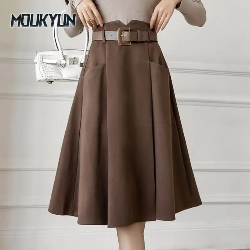 Faldas elegantes de lana acampanadas para mujer, falda larga de cintura alta que combina con todo, estilo coreano, Color sólido, otoño