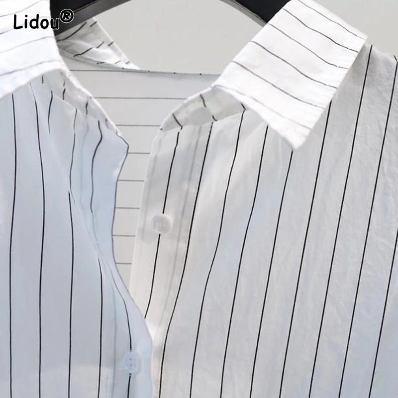 Women\'s Clothing 2023 Striped Simplicity Fashion Casual Spring Summer Thin Pockets Turn-down Collar Button Loose Formal Blouses