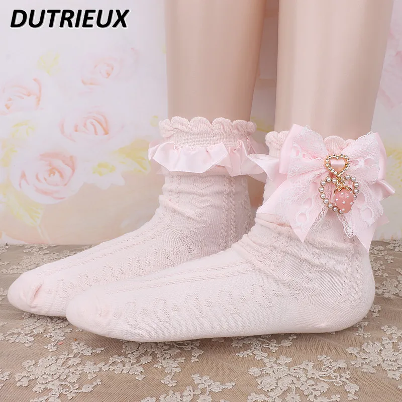 

Kawaii Handmade Sweet Cute Sister Lace Pearl Heart Strawberry Pendant Bow Socks for Women Lolita Lolita Socks Japanese Fashion