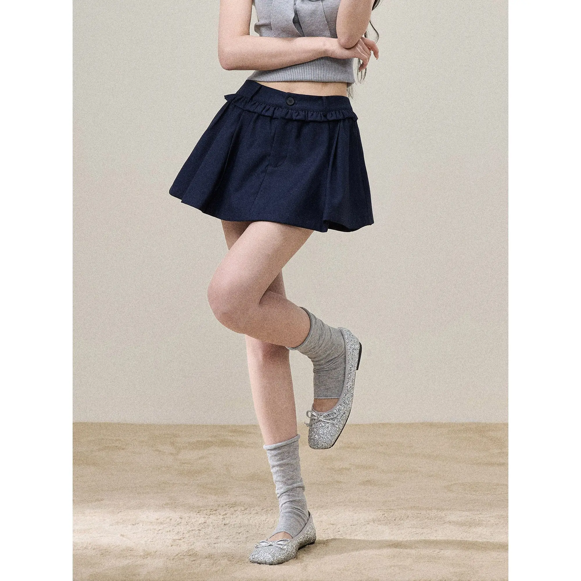 SALIENCY Navy Blue A-Line Puff Skirt for Women Summer Pleated Slim Short Skirt