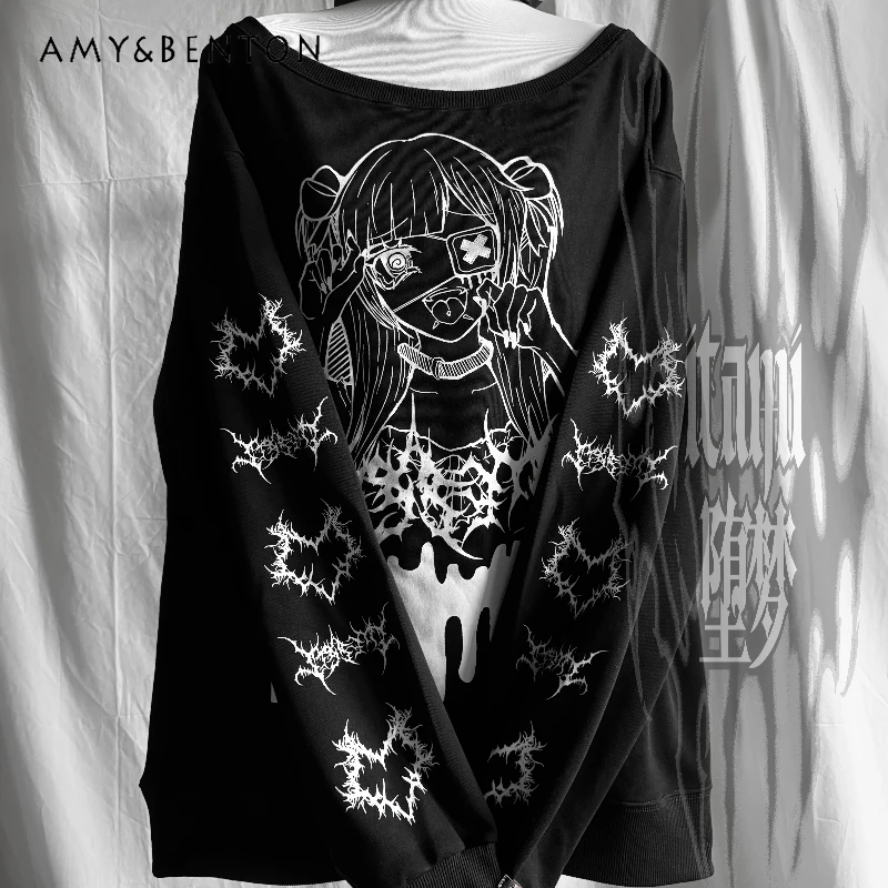

Japanese Subculture Dark Punk Gothic Style Off-Shoulder Loose Sweatshirt T-shirt Pullover Y2k Clothes Ladies Black White Hoodies
