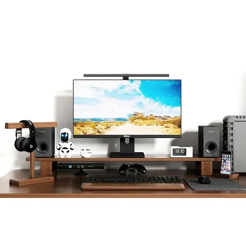 Walnut Color Desktop Computer Monitor – Raised Frame Solid Wood Office Space Saving Convenient Management Monitor Stand