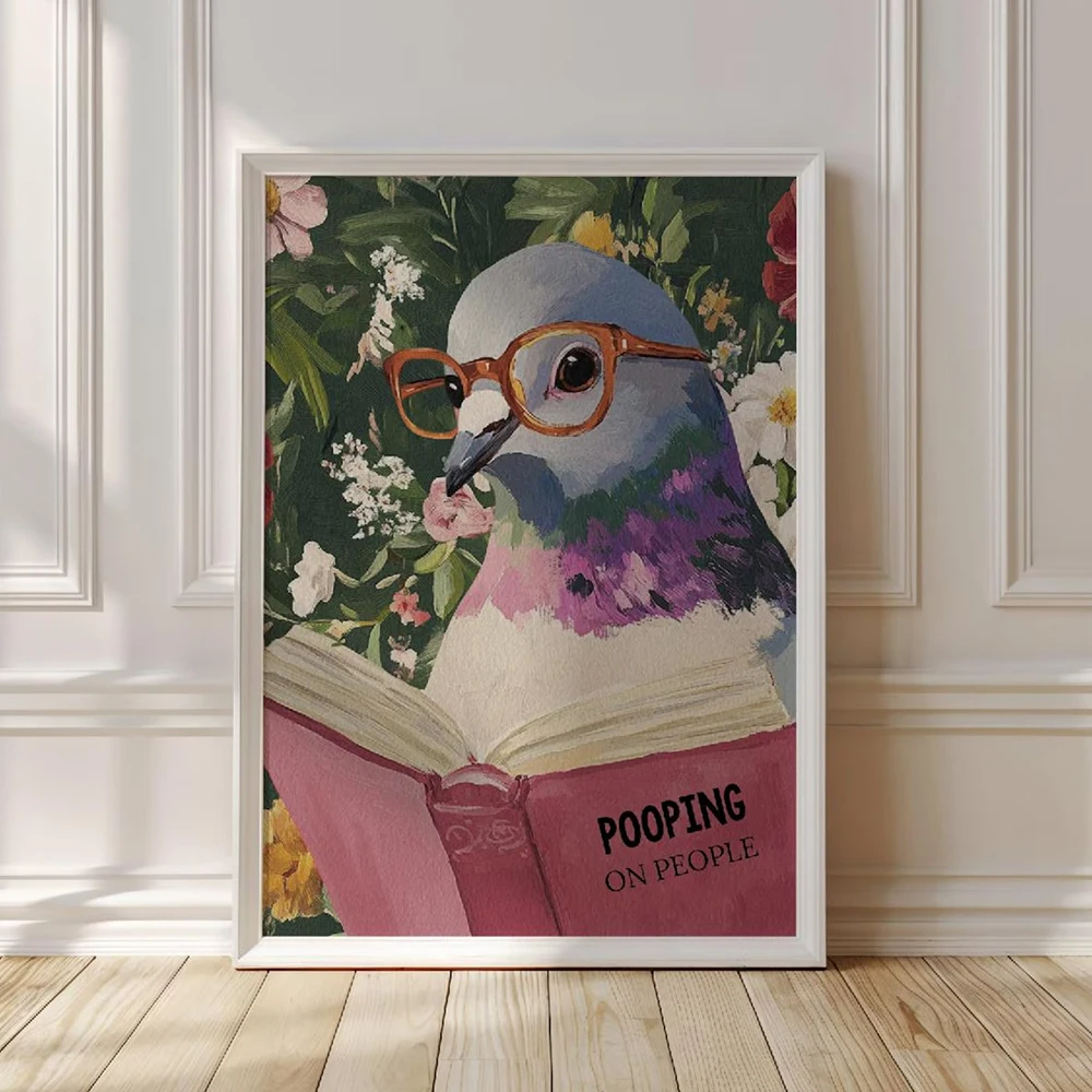 Humorous Pigeon Reading Pooping Bathroom Art Print Quirky Home Decor for Wall Funny Cheeky Animal Poster
