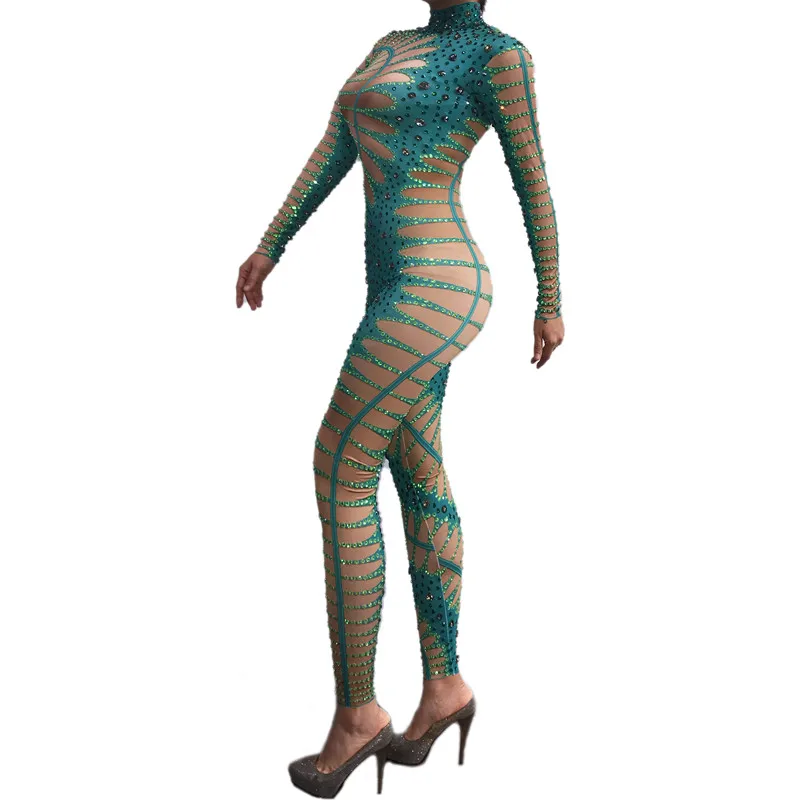 Combinaison moulante verte avec strass scintillants, Sexy, discothèque, Bar, spectacle de danse, Costume de fête, spectacle de chanteur, vêtements de scène