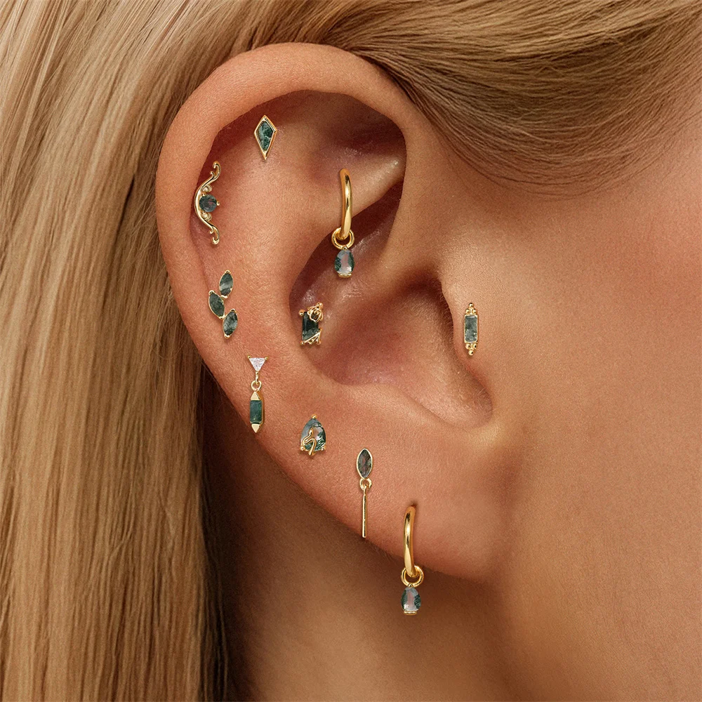 CANNER 1 Stück Sommer Natürlicher Wassergras-Achat Pferdeauge 925 Sterling Silber Flachkopf Piercing Ohrstecker für Damen INS Ohrring – Detail 1
