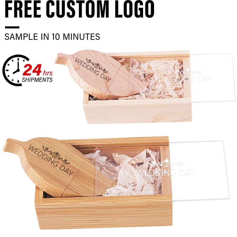 JASTER Wooden Box USB Flash Drive 128GB 32GB Free Custom Logo Transparent Box Usb Memory Pen Drive 64G Memory Stick 16G USB Disk