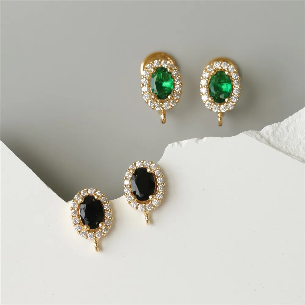 

Copper Plated Real Gold Oval Black Emerald Vintage 925 Silver Needle Earrings Clips DIY Glamour Accessories