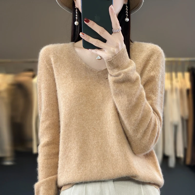 

Women's Australian wool knitted Pullover V-neck Long Sleeved Seamless Sweater, High-Quality Warm and Fashionable Solid Color Top