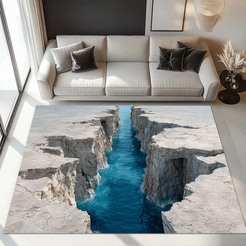 3D Canyon Crack Rug Realistic Geological Fault Carpet with Blue Abyss Optical Illusion Floor Mat for Modern Living Room Decor