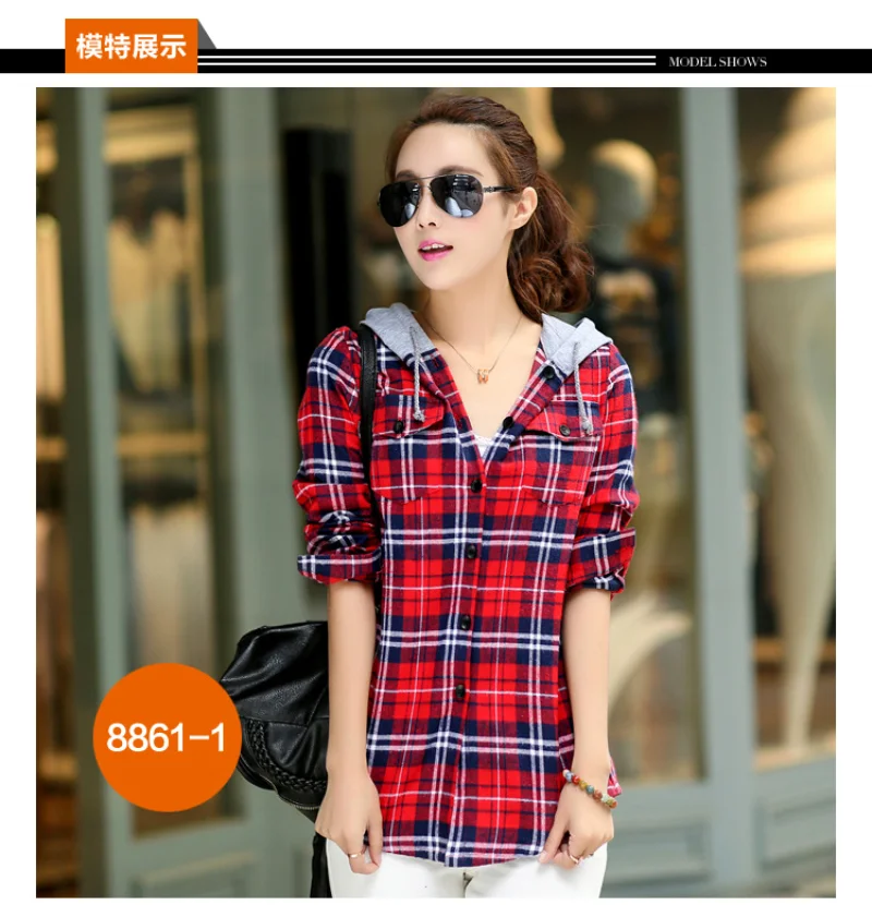 Women Fashion Plaid Hooded Shirt Loose Fit Flannel Shirt Long Sleeve Woman Blouse Shirt Cotton Blusas British Style Womens Tops