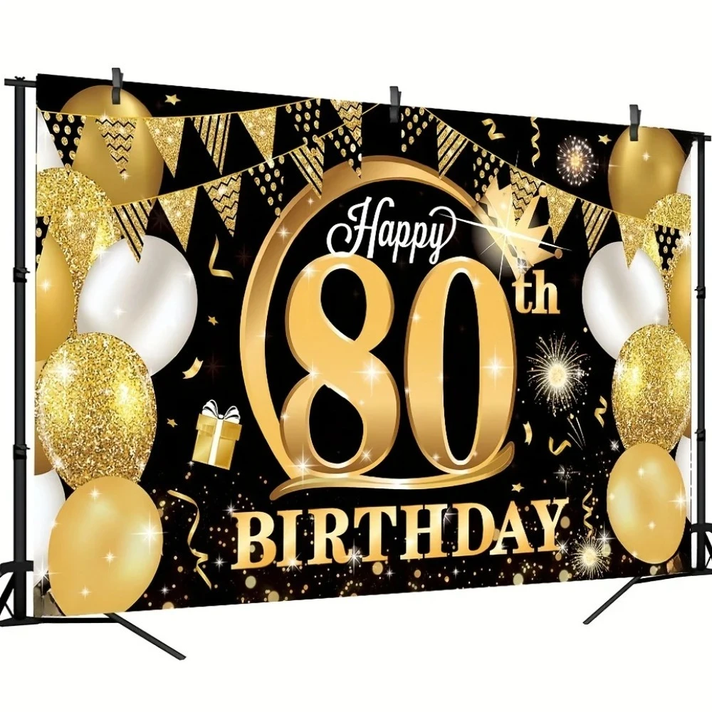 Happy 80th Birthday Backdrop Gold 80 Years Old Decor Eighty Birthday Party Black Gold Vinyl Background Poster Photo Decoration
