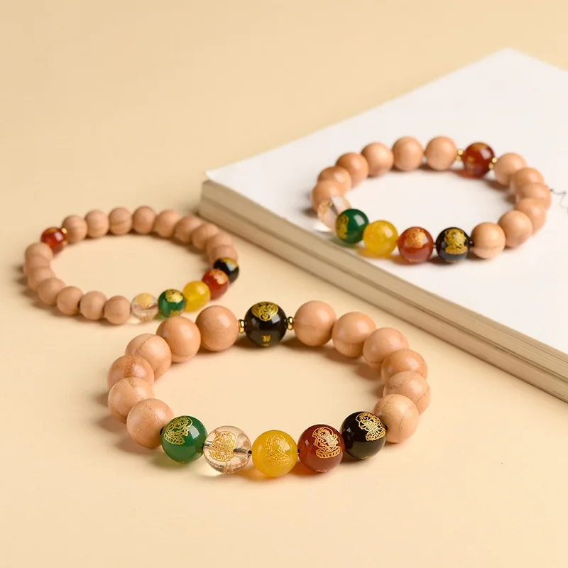 Old Peach Wood Chinese Zodiac Patron God Five Way God of Wealth Bracelet Beaded Bracelet for Men and Women Gifts