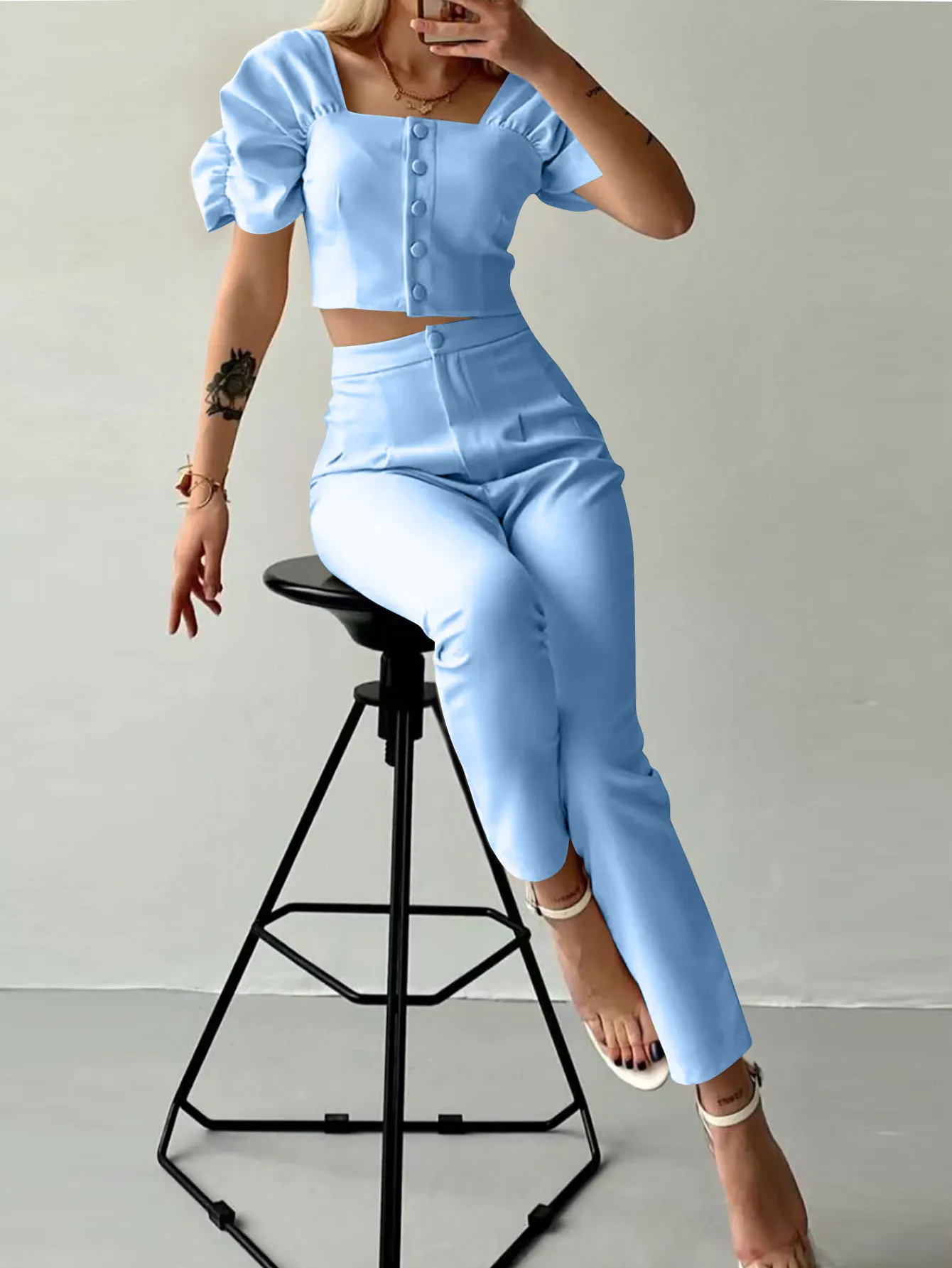 Elegant Women's Office Two Piece Sets Summer Fashion Solid Square Collar Single Breasted Short Sleeve Top & Long Pants Suit