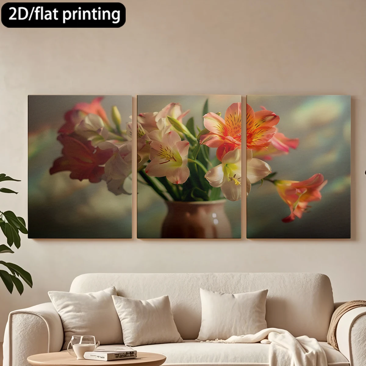 

Набор из 3 картин на холсте в деревянных рамах: красивый букет альстромерии, изящная ваза. Декор для коридора и спальни.