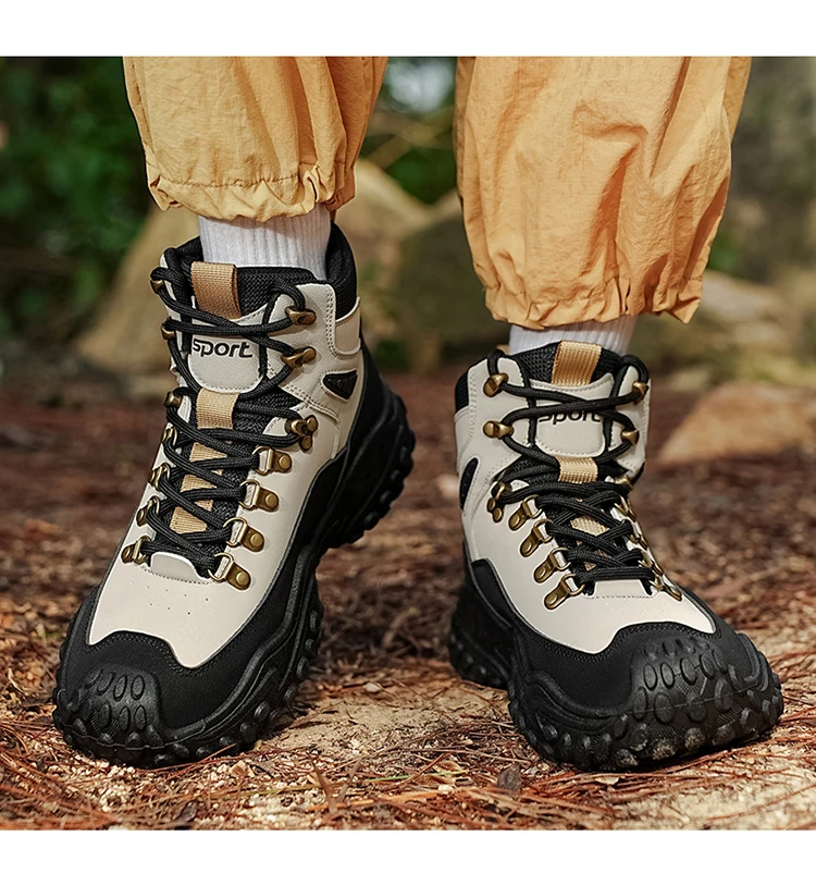 Retro Herren High-Top-Stiefel mit dicker Sohle, strapazierfähig für Wandern, Trekking, Camping und Outdoor-Sport – Detail 9