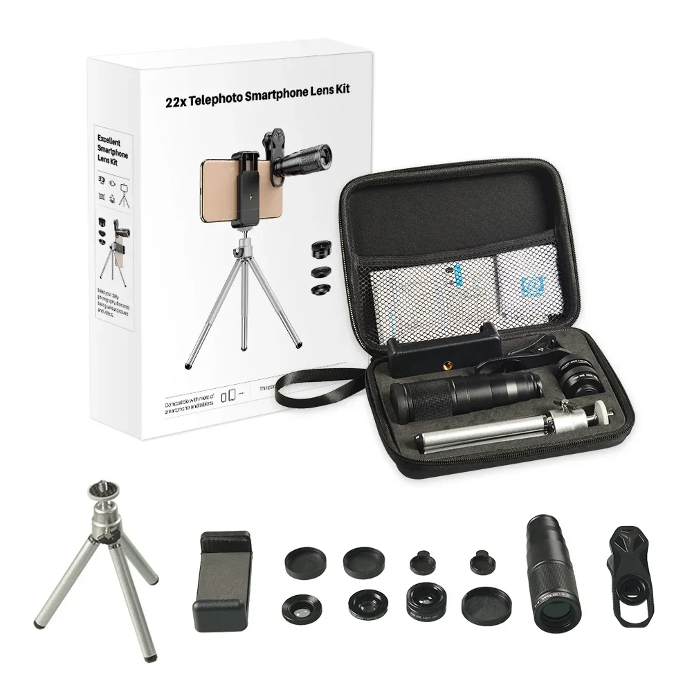 

New 4in1 22X Telescope Zoom Lens Macro Wide Fisheye Lens HD Phone Camera Lens Kit With Remote Tripod For IPhone Samsung